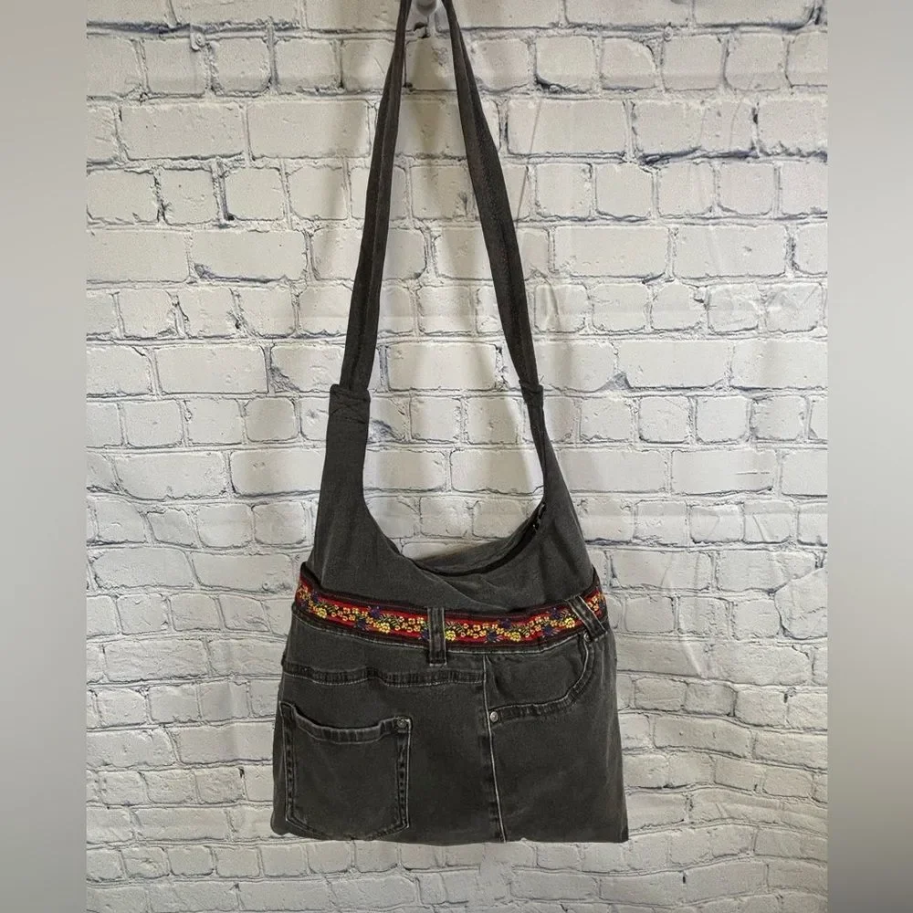 Handcrafted Black Denim Slouchy Hobo Embroidery Trim Upcycled Jean Bag Purse